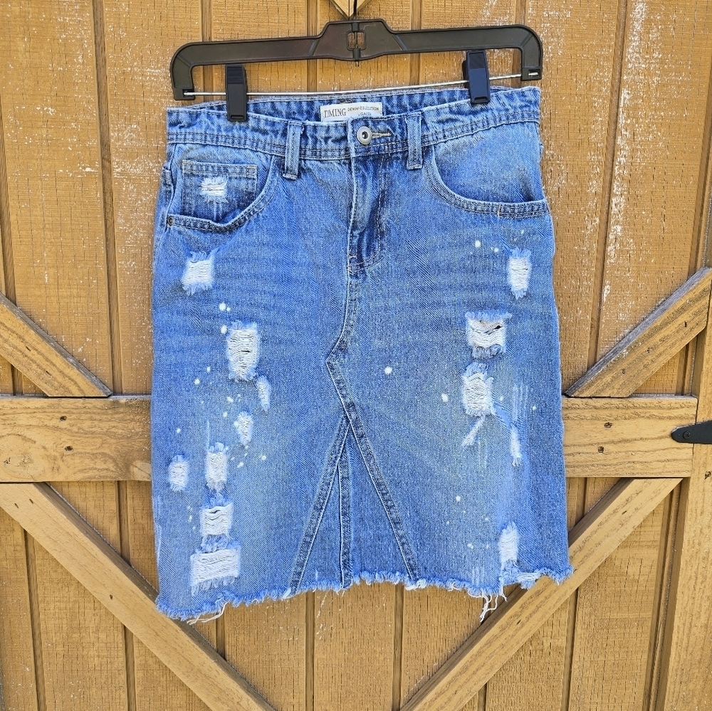Timing Blue Distressed Denim Pencil Skirt